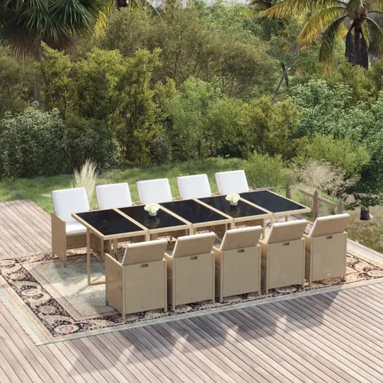 vidaXL 11-del spisebordssæt med hynder, polyrattan beige