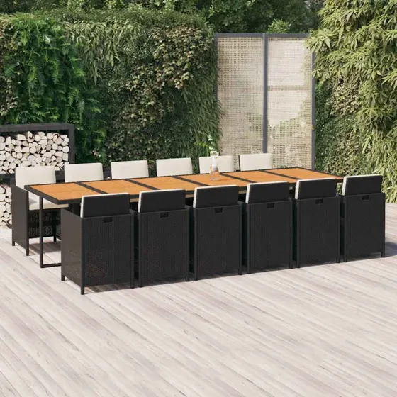 vidaXL 13-delers spisebordssæt med hynder, polyrattan sort