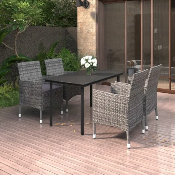vidaXL 5-deligt spisebordssæt med polyrattan, glas og pulverlakeret stål