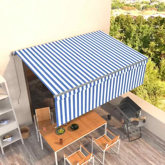 vidaXL Markise 4,5x3 m med Gardin, Blå og Hvid, Manuel Betjening