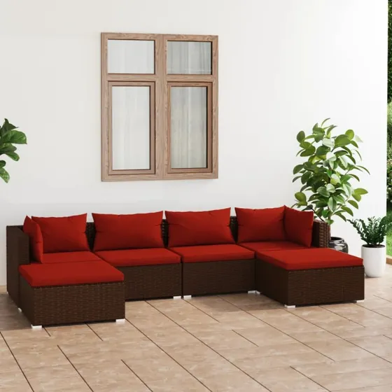 Bergamo Loungesæt 6 Dele PolyRattan Brun/Rød med Hjørnedele