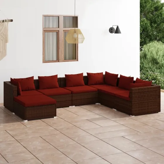 vidaXL 7-del loungesæt med hynder i brun polyrattan
