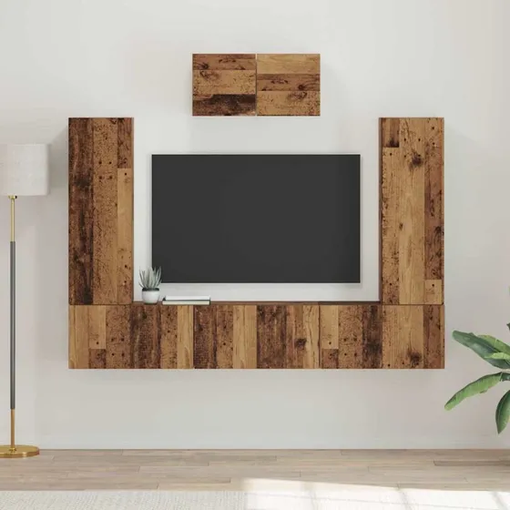 vidaXL Vægmonteret TV-møbelsæt 7 stk, Gammelt træ, 180 x 30 x 120 cm
