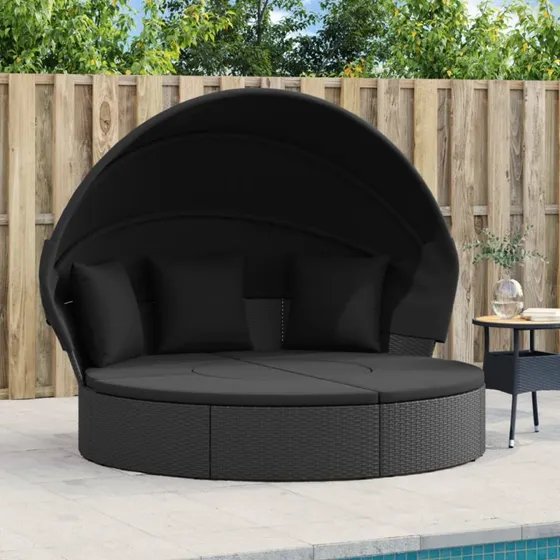 vidaXL Udendørs loungeseng med tag og hynder, polyrattan sort