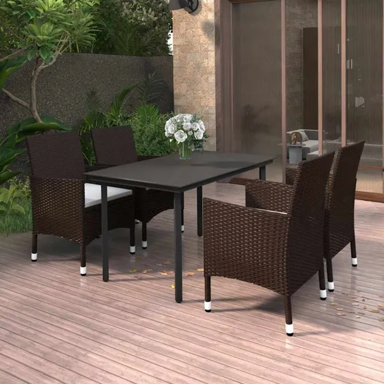 vidaXL 5-delssæt med polyrattan, glasbord og stol, brun, 140 cm