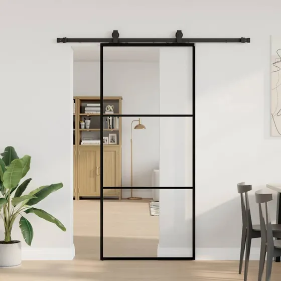 vidaXL Skydedør 90x205 cm ESG-glas sort med hardwaresæt