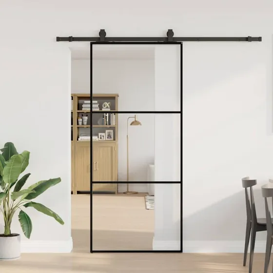 vidaXL Skydedør 90x205 cm ESG-glas sort med hardwaresæt