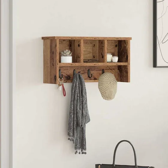 vidaXL Vægmonteret Jakkeholder med Hylde, Gammelt Træ, 50 x 16 x 26 cm