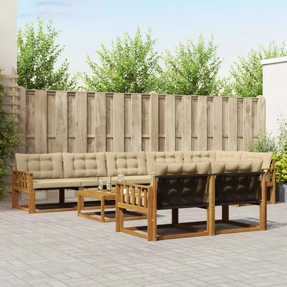 vidaXL Udendørs Sofagruppe 9 pc Naturlig Akacietræ med Beige Puder