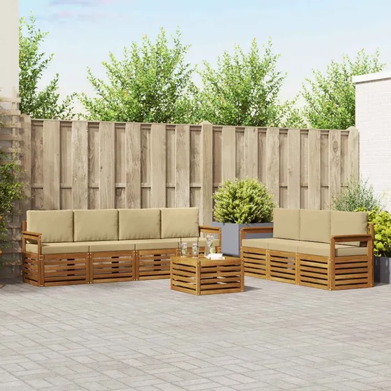 vidaXL Sofasæt 8 dele i massivt akacietræ, naturlig/beige med puder