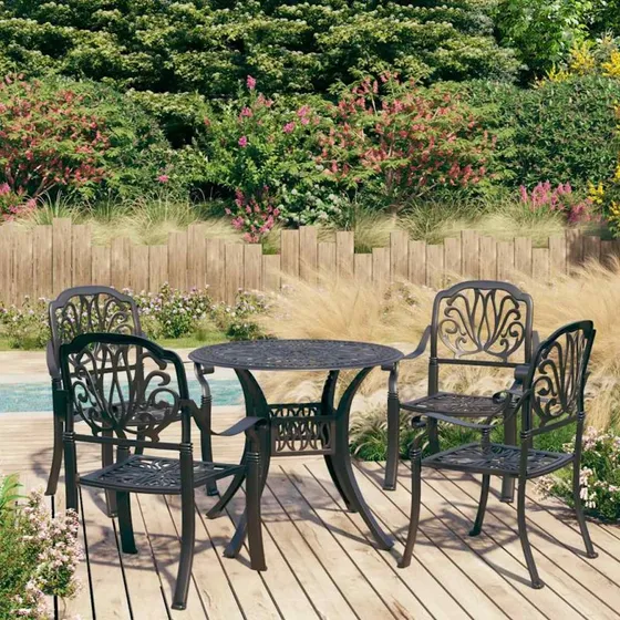 vidaXL Bistrosæt 5 dele støbt aluminium sort, rundt bord Ø90 cm