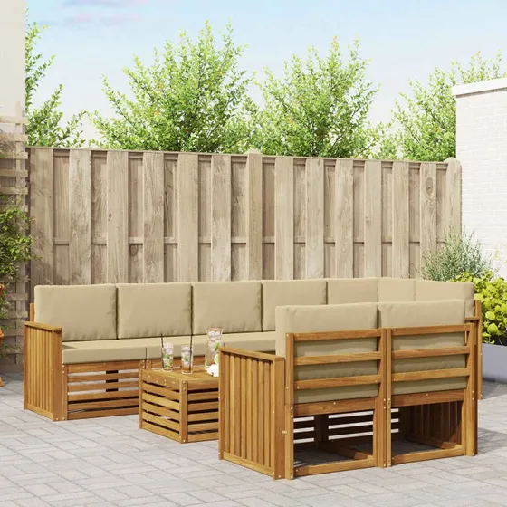 vidaXL Sofasæt 9 dele i massivt akacietræ, naturlig/beige