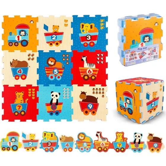 B Beez Gulvpuslespil Dyr i Tog med Tal 1-9, 88x88 cm