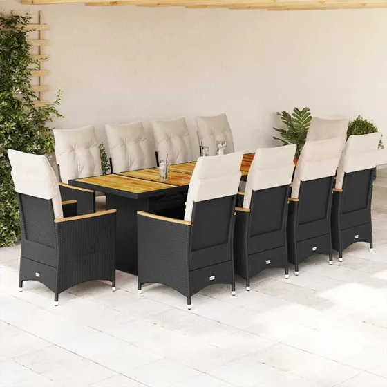 vidaXL Bistrosæt 11 dele med hynder i sort polyrattan