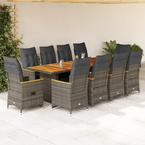 vidaXL Bistrosæt 11 dele med hynder i polyrattan grå
