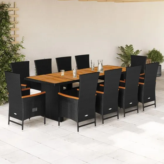 vidaXL 11-delers spisebordssæt med hynder i polyrattan sort