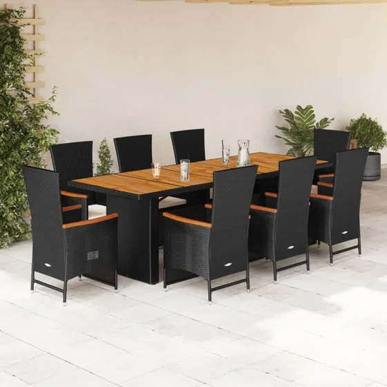 vidaXL 9-deligt spisebordssæt med hynder i polyrattan, sort