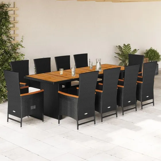 vidaXL Spisebordssæt 11 dele med hynder, polyrattan sort