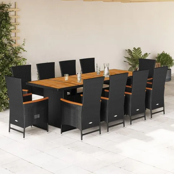 vidaXL spisebordssæt 11 dele med hynder polyrattan sort