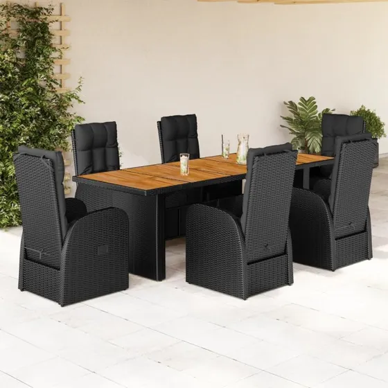 vidaXL 7-delssæt polyrattan sort med hynder