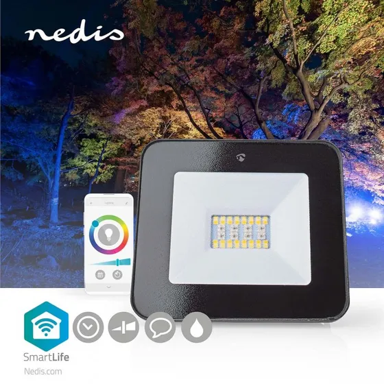 Nedis SmartLife Udendørs Projektør 20W, 1600 lm, RGB/Varm til Kølig Hvid, Wi-Fi, Sort