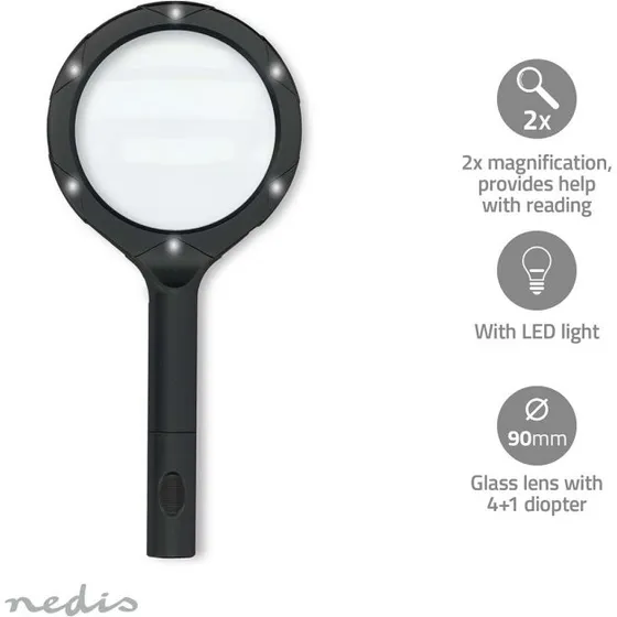 Nedis Håndholdt Forstørrelsesglas 4 Diopter, Sort