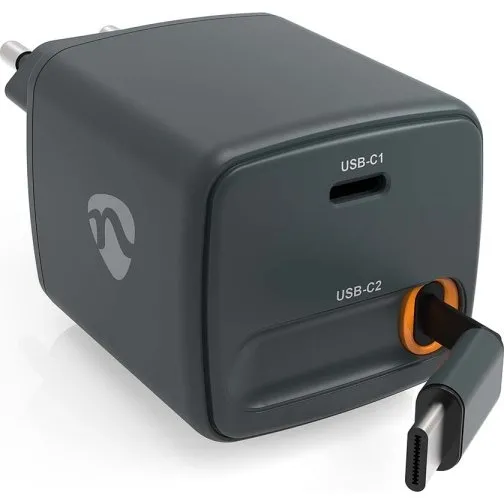 Nedis Vægoplader 30W GaN PD3.0 med udtrækkeligt USB-C-kabel, Sort