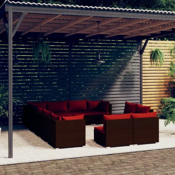 vidaXL 12-deligt loungesæt i polyrattan med hynder brun