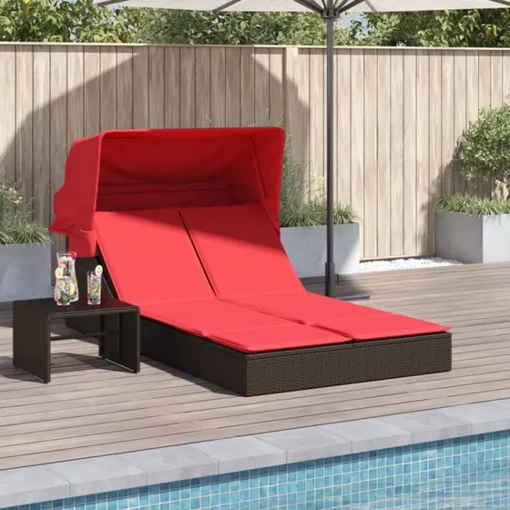 vidaXL Dobbelt Liggestol med Baldakin og Hynder, Brun Polyrattan
