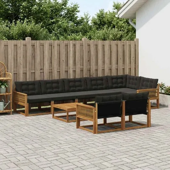 vidaXL Udendørs Sofagruppe 9 pcs Naturakacietræ med Sorte Puder