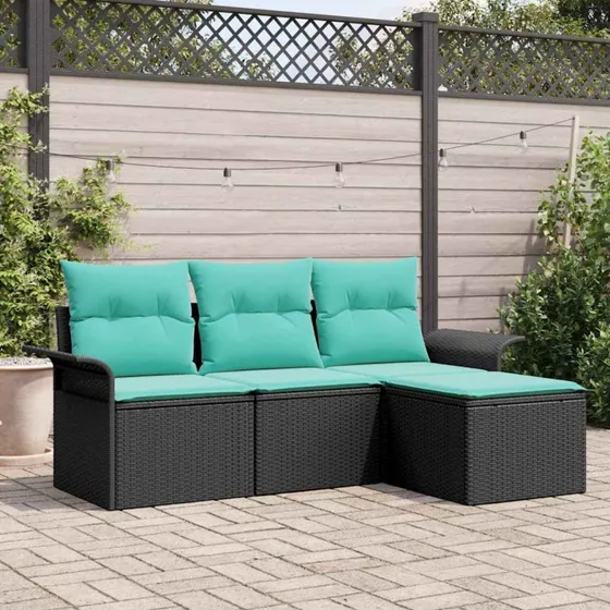 vidaXL Havesofa-sæt 4 dele med opbevaring, sort polyrattan