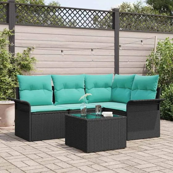 vidaXL Havesofa-sæt 5-del, sort polyrattan med opbevaring