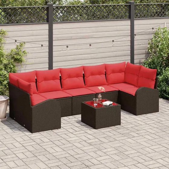 vidaXL Havesofa Sæt 8 del, Beige/Rød Polyrrattan med Opbevaring