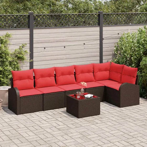 vidaXL Havesofa Sæt 7 del, Brun/Rød, modulært polyrattan