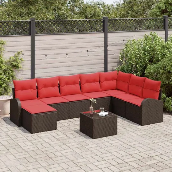 vidaXL Sofa-sæt med opbevaring 9 dele brun/rød polyrattan