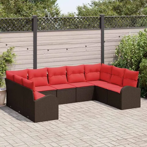 vidaXL Havesofa Sæt 9 pcs Brun/Rød PolyRattan