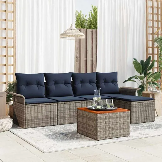 vidaXL Havesofa 6-del med opbevaring Grå/Marineblå polyrattan