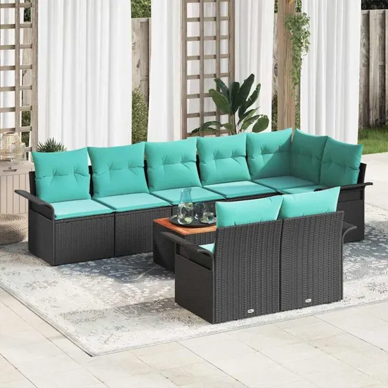 vidaXL Havesofa-sæt 9 dele med opbevaring, sort/turkis polyrattan