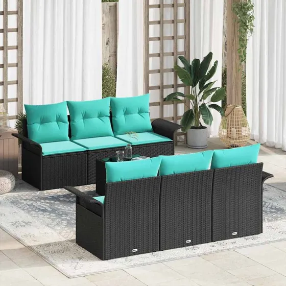vidaXL Havesofa-sæt 7 dele sort polyrattan med puder