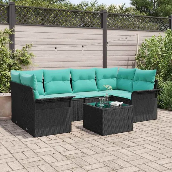 vidaXL Havesofa Sæt 7 dele Sort polyrattan med puder og glasbord
