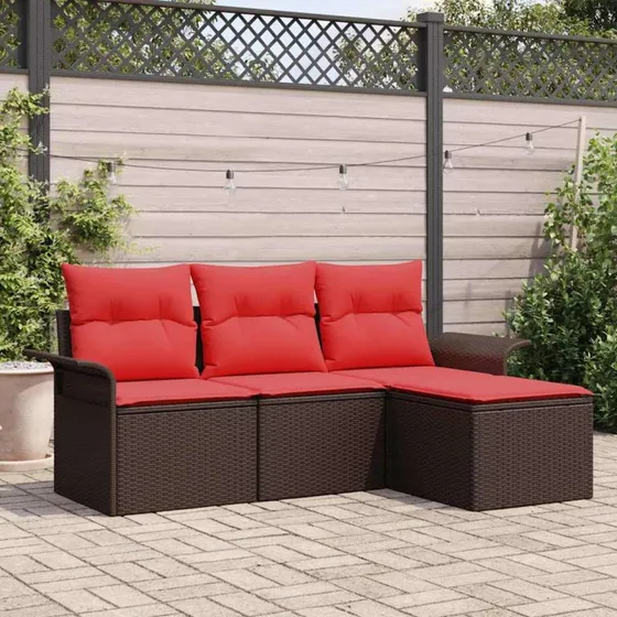vidaXL Havesofa-sæt 4-deligt brun polyrattan med røde puder