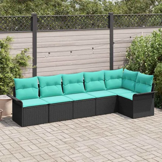 vidaXL Havesofa-sæt 6 dele, sort polyrattan med puder