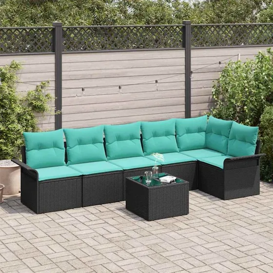 vidaXL Havesofa Sæt 7-pers. Sort Poly Rattan med Puder