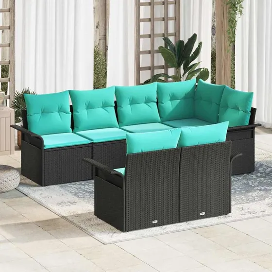 vidaXL Havesofa Sæt 7 del, Sort PolyRattan med Puder og Højdejusterbart Bord