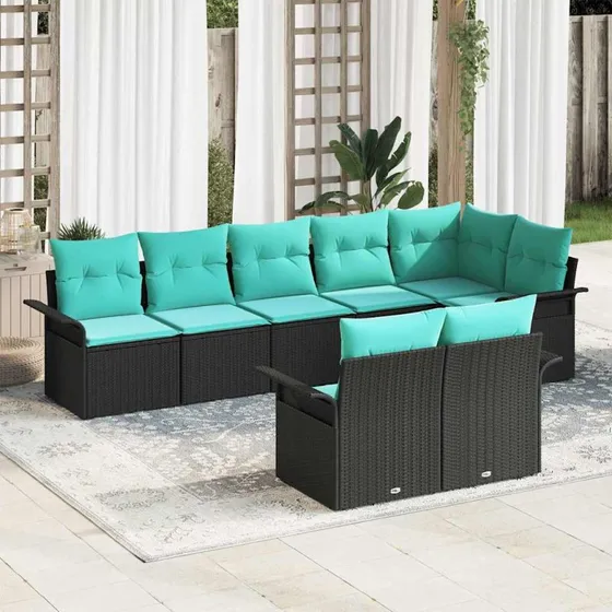vidaXL Havesofa-sæt 8 dele sort polyrattan med puder