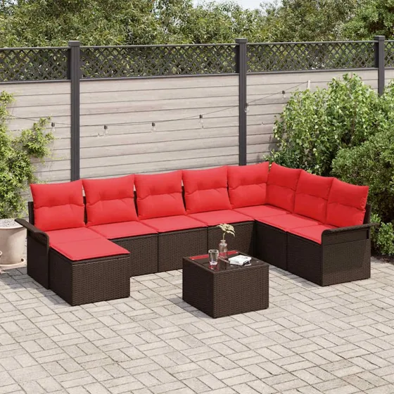 vidaXL Havesofa-sæt 9 dele brun polyrattan med puder