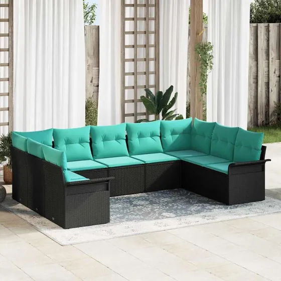 vidaXL Havesofa-sæt 9 dele sort polyrattan med puder