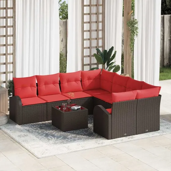 vidaXL 9-delssæt Sofa Brun og Rød med Hærdet Glasbord