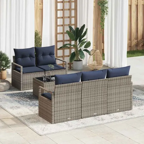 vidaXL Sofa Sæt 6 pcs Grå/Marineblå Poly Rattan