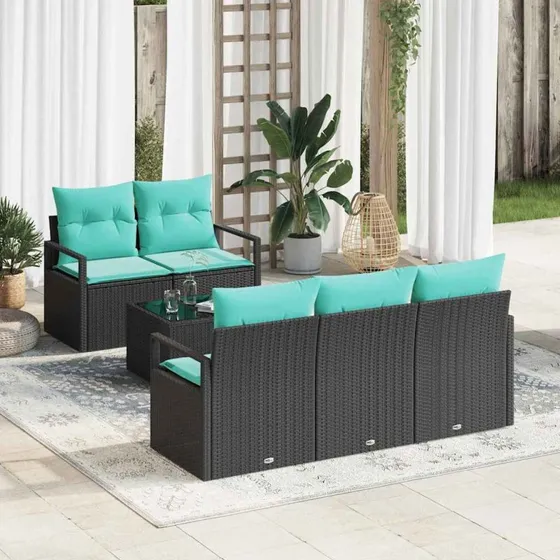 vidaXL Sofa Sæt 6 pcs Sort og Turkis PolyRattan